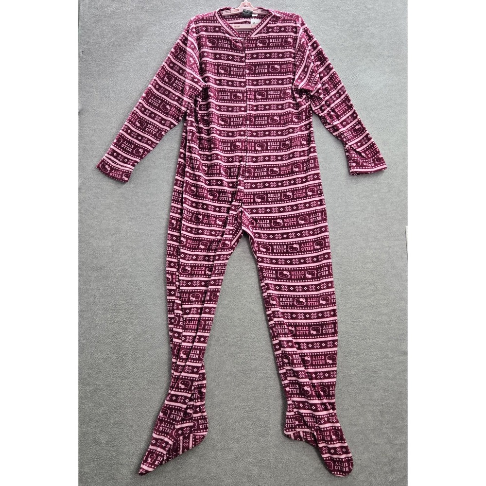 Hello Kitty Women Sleepwear XL Pink Fair Isle One Piece Fleece Logo Allover